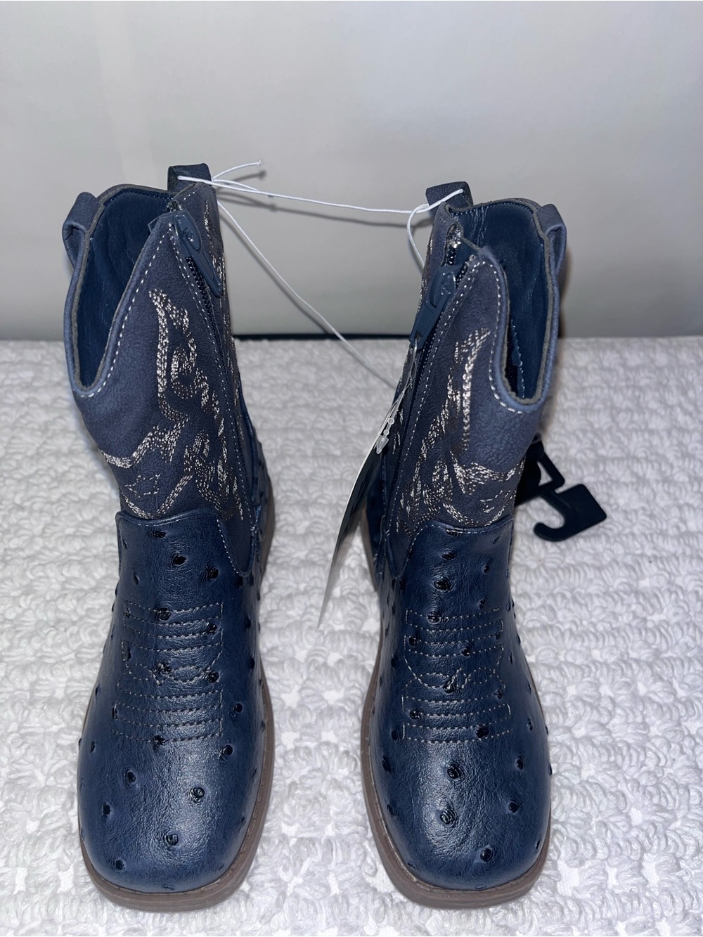 Kids Navy Western Pull-On Boots with Embossed Detail